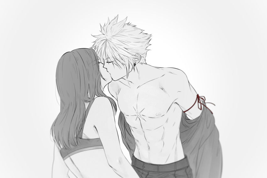 1boy 1girl abs bangs bare_shoulders closed_eyes cloud_strife collarbone couple earrings facing_another final_fantasy final_fantasy_vii greyscale hetero highres jewelry khaw_(cloudstdontcare) kiss long_hair monochrome pants ribbon shirtless short_hair simple_background sports_bra tifa_lockhart toned toned_male underwear undressing white_background