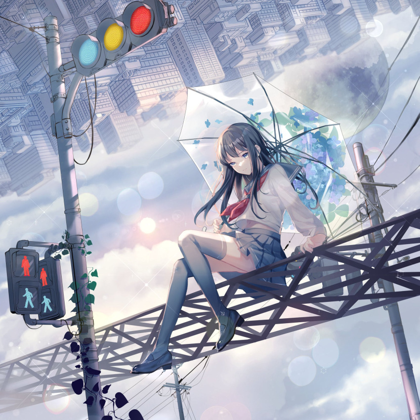 1girl aono_99 black_footwear blue_eyes blue_legwear blue_sailor_collar blue_skirt brown_hair city clouds cloudy_sky floral_print highres holding holding_umbrella ivy lens_flare long_sleeves moon necktie original overgrown pleated_skirt power_lines railroad_crossing red_neckwear sailor_collar school_uniform serafuku shirt shoes skirt sky skyline sun thigh-highs traffic_light umbrella upside-down utility_pole white_shirt zettai_ryouiki