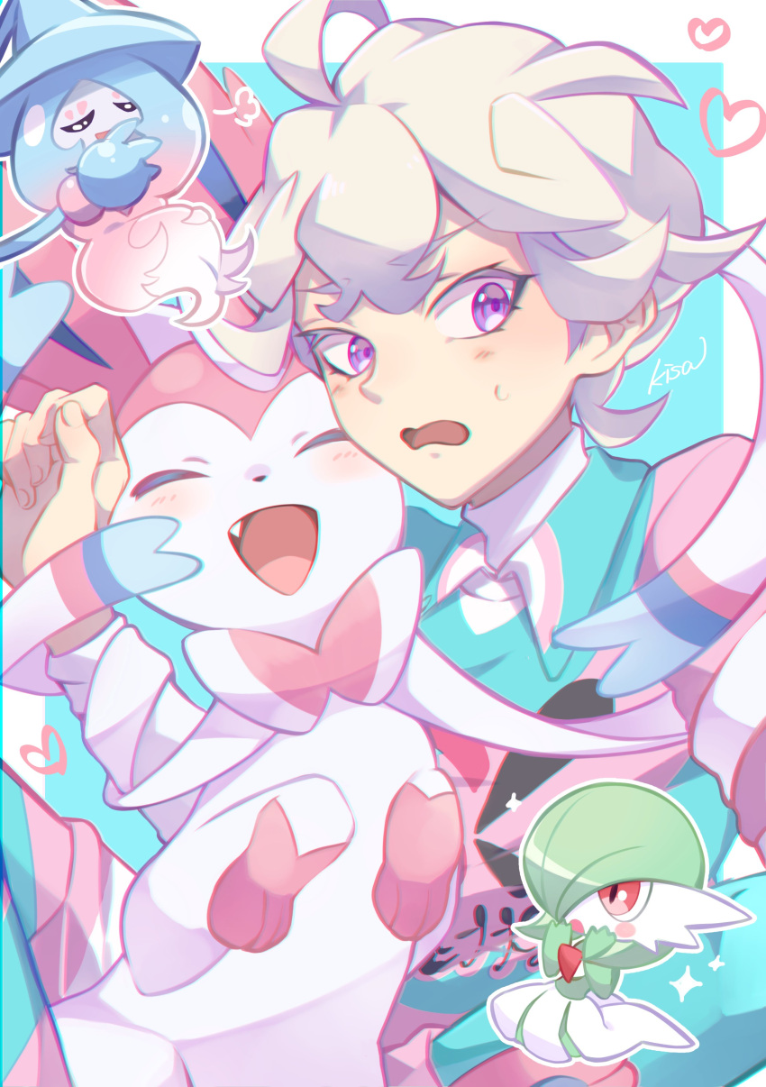 1boy absurdres ahoge bangs bede_(pokemon) blonde_hair blush collared_shirt commentary_request curly_hair eyelashes gardevoir gen_3_pokemon gen_6_pokemon gen_8_pokemon hand_up hatterene heart highres kisa_(kisa-kisa5900) male_focus open_mouth pokemon pokemon_(creature) pokemon_(game) pokemon_swsh shirt short_hair sparkle sweatdrop sylveon tongue violet_eyes