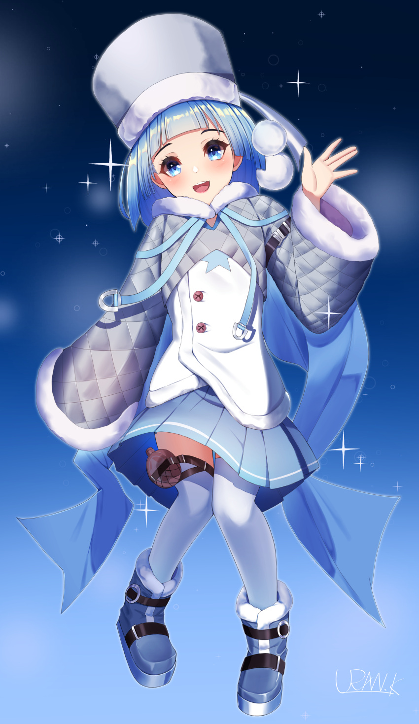1girl :d absurdres azur_lane bangs blue_background blue_eyes blue_footwear blue_hair blue_ribbon blue_skirt blunt_bangs blush boots commentary full_body fur fur-trimmed_sleeves fur_trim grey_headwear grey_sleeves gromky_(azur_lane) hand_up hat highres jacket knee_boots konparu_uran long_sleeves looking_at_viewer open_mouth pleated_skirt pom_pom_(clothes) ribbon short_hair shrug_(clothing) sidelocks signature skirt smile solo sparkle standing star_(symbol) star_print thigh-highs thigh_pouch upper_teeth white_jacket white_legwear zettai_ryouiki