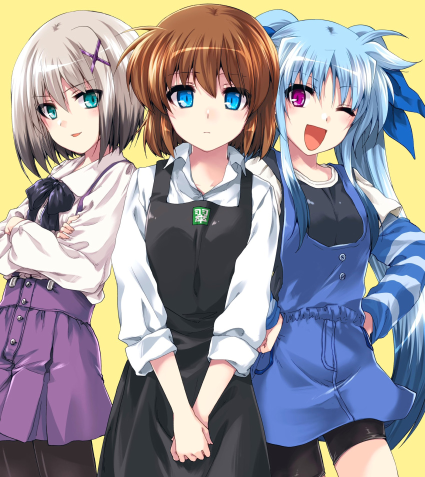 3girls apron aqua_eyes bangs beige_shirt black_hair blue_eyes blue_skirt brown_hair collared_shirt crossed_arms expressionless eyebrows_visible_through_hair gradient_hair grey_hair hands_on_hips hands_together highres kuroi_mimei long_hair looking_at_viewer lyrical_nanoha mahou_shoujo_lyrical_nanoha mahou_shoujo_lyrical_nanoha_a's mahou_shoujo_lyrical_nanoha_a's_portable:_the_battle_of_aces material-d material-l material-s multicolored_hair multiple_girls one_eye_closed open_mouth purple_skirt shirt shirt_tucked_in short_hair skirt smile suspender_skirt suspenders twintails v-shaped_eyebrows very_long_hair violet_eyes white_shirt