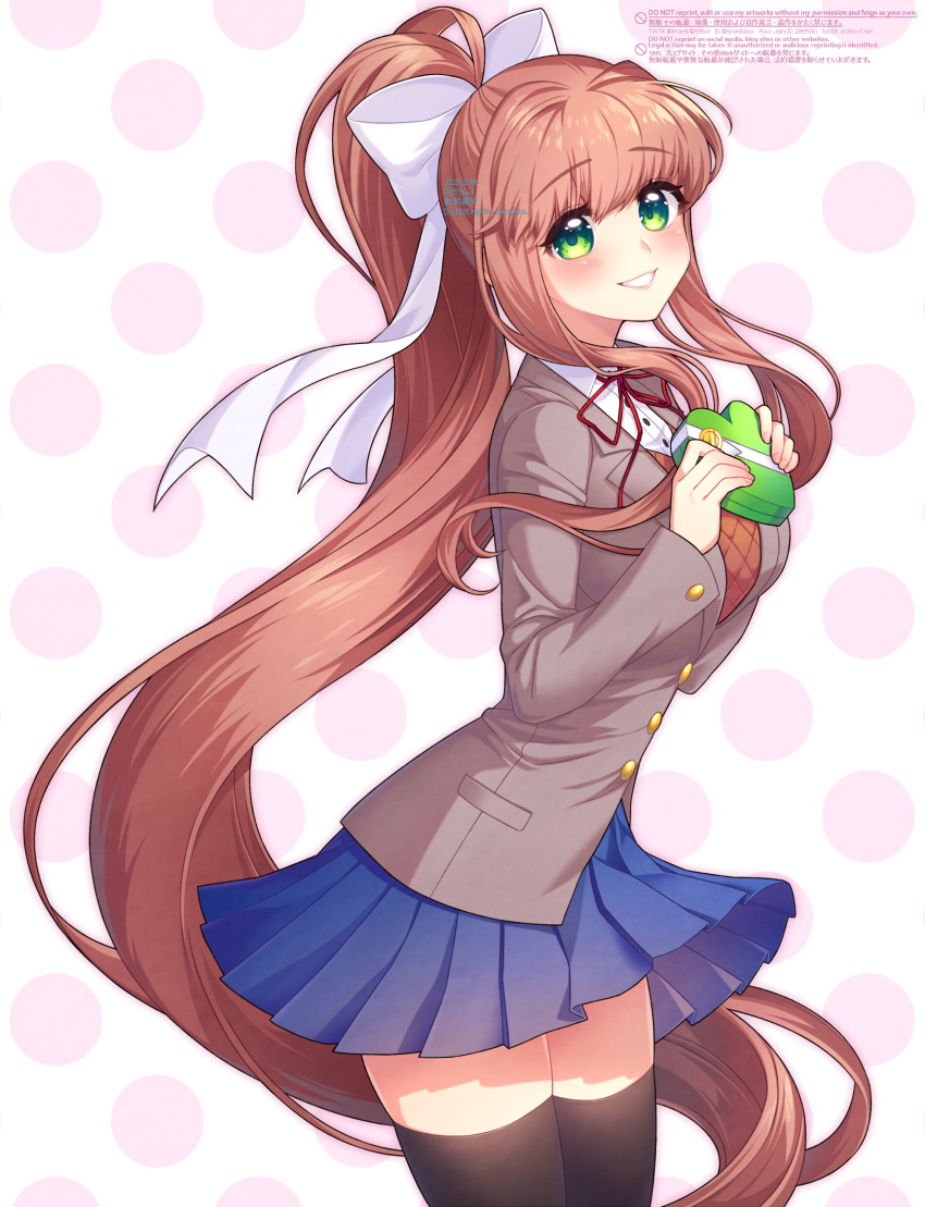 1girl bangs beige_jacket black_legwear blue_skirt box brown_hair commentary_request doki_doki_literature_club eyebrows_visible_through_hair green_eyes hair_ribbon heart-shaped_box highres long_hair long_sleeves monika_(doki_doki_literature_club) nan_(gokurou) parted_lips pleated_skirt polka_dot polka_dot_background ponytail repost_notice ribbon school_uniform sidelocks skirt smile solo thigh-highs valentine very_long_hair watermark white_ribbon