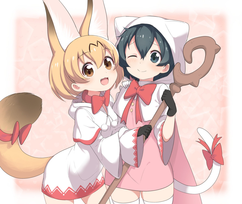 2girls :3 :d ;) animal_ear_fluff animal_ears bangs black_gloves black_hair blonde_hair bow bowtie brown_eyes capelet cat_tail commentary_request cosplay earrings extra_ears eyebrows_visible_through_hair fang final_fantasy gloves hair_between_eyes highres holding holding_staff hood hood_down hood_up hooded_robe jewelry kaban_(kemono_friends) kemono_friends kemonomimi_mode multiple_girls one_eye_closed open_mouth pom_pom_(clothes) ransusan red_bow red_neckwear serval_(kemono_friends) serval_ears serval_tail smile staff tail tail_bow tail_ornament thigh-highs white_gloves white_legwear white_mage white_mage_(cosplay) wide_sleeves zettai_ryouiki