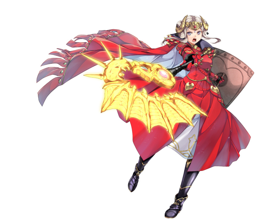 1girl armor axe aymr_(weapon) breasts cape edelgard_von_hresvelg fire_emblem fire_emblem:_three_houses full_body gloves hair_ornament highres holding holding_axe horned_headwear large_breasts long_hair long_sleeves looking_at_viewer red_cape shield simple_background sinosinof smile solo violet_eyes white_hair