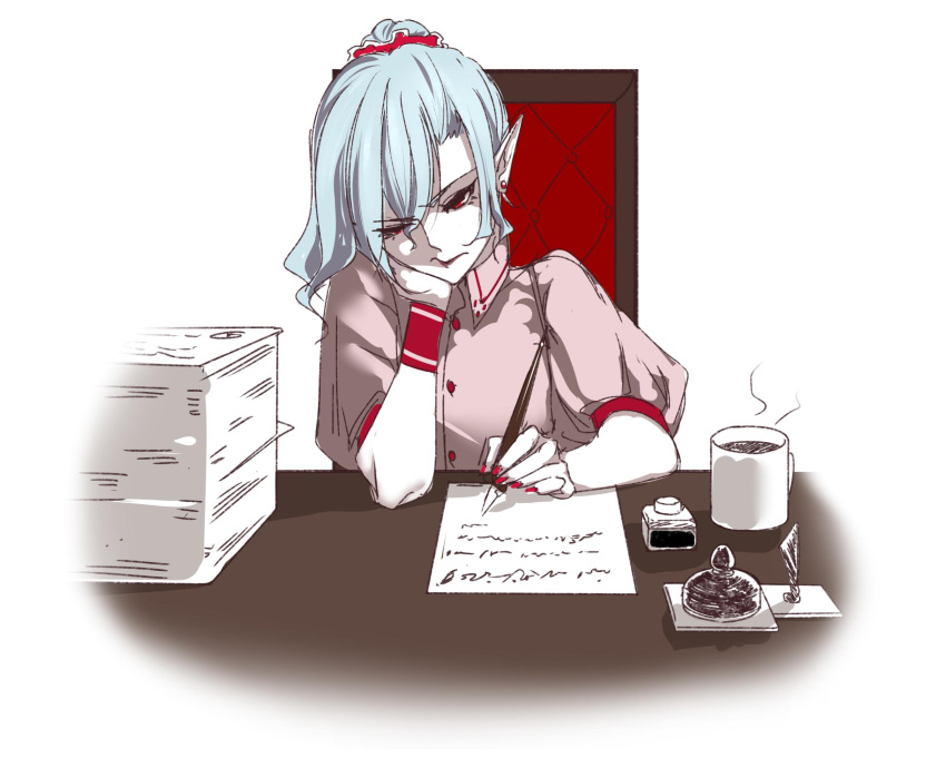 1girl arm_support blue_hair closed_mouth coffee_mug colored_skin cup dip_pen dress earrings fingernails hair_bun head_rest highres holding holding_pen ink_bottle jewelry mug nail_polish older paper paper_stack pen pink_dress pointy_ears red_nails remilia_scarlet shukusuri sitting solo stud_earrings table touhou white_skin wristband writing