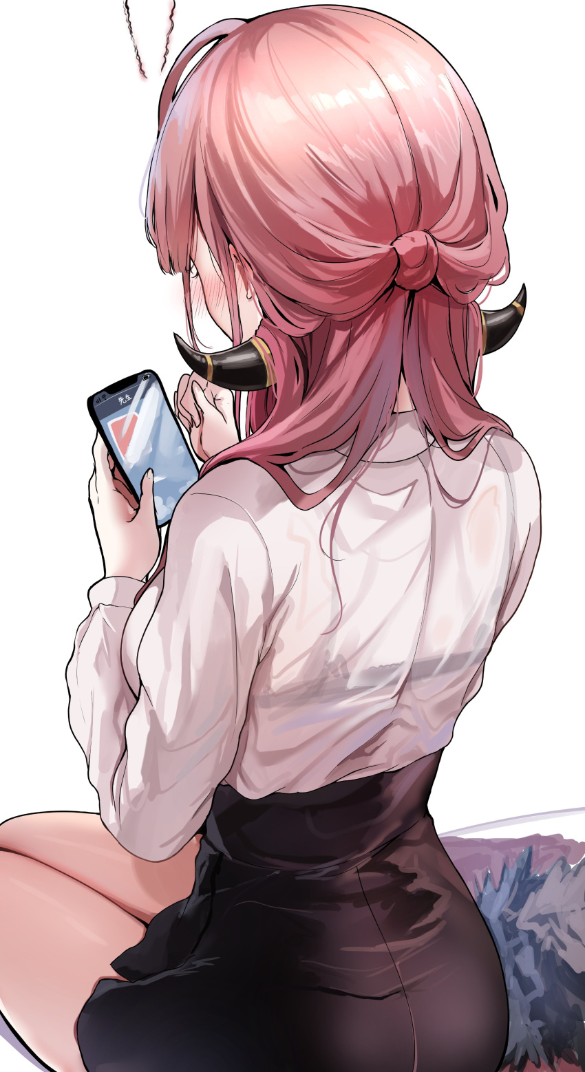 1girl absurdres aru_(blue_archive) back black_skirt blue_archive breasts cellphone collared_shirt dress_shirt half_updo high-waist_skirt highres horns large_breasts light_brown_hair long_hair long_sleeves phone sak_(lemondisk) shirt sitting skirt thighs white_shirt