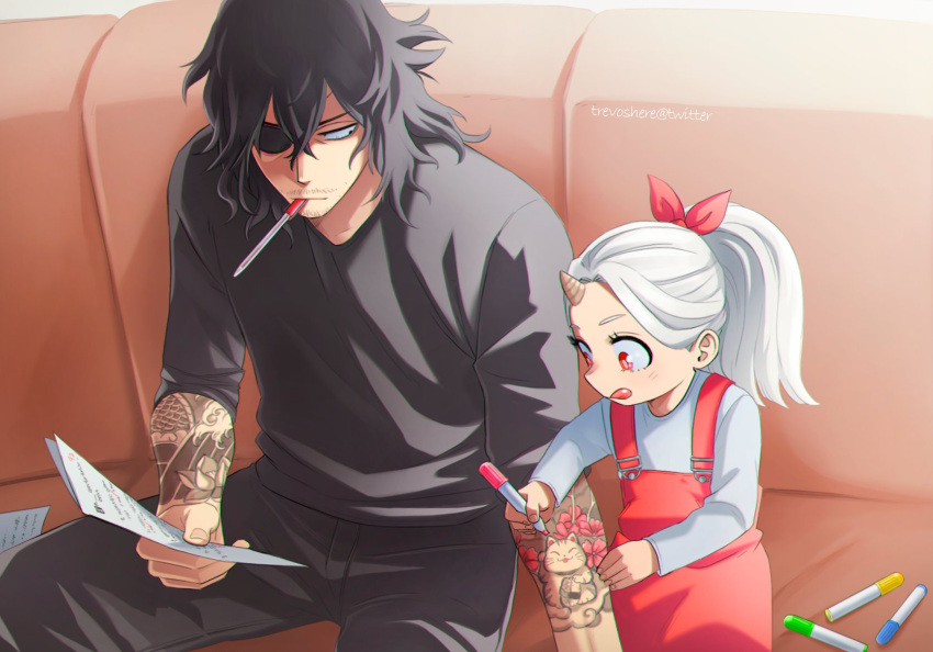 1boy 1girl aizawa_shouta animal_print arm_tattoo artist_name bangs black_eyepatch black_hair black_pants black_sweater boku_no_hero_academia cat_print child commentary couch dress english_commentary eri_(boku_no_hero_academia) facial_hair floral_print grey_shirt hair_between_eyes hair_ribbon highres holding holding_paper holding_pen long_hair messy_hair on_couch pants paper pen pinafore_dress ponytail red_dress red_eyes ribbon shirt sitting smile spoilers stubble sweater tattoo tongue tongue_out trevo_(trevoshere)