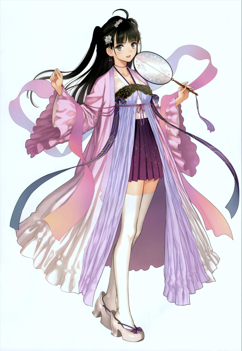 1girl absurdres ahoge bangs black_eyes black_hair blush bow breasts choker collarbone fan fingernails full_body hair_ornament highres holding japanese_clothes long_hair long_sleeves looking_at_viewer medium_breasts open_mouth original pleated_skirt scan simple_background skirt smile solo standing thigh-highs tony_taka white_background white_footwear white_legwear wide_sleeves zettai_ryouiki