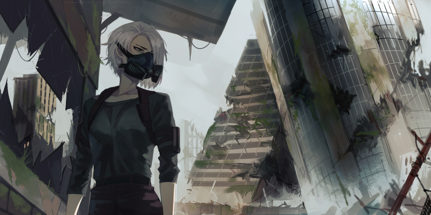 1girl absurdres broken broken_glass building collarbone crack cracked_wall gas_mask glass grass green_eyes hair_over_one_eye highres mask mr._skull original outdoors plant post-apocalypse ruins short_hair sleeves_rolled_up solo utility_pole white_hair