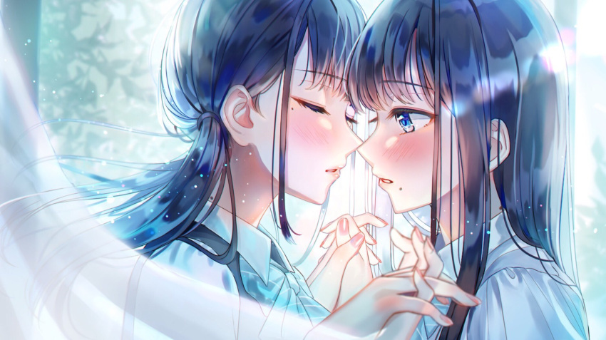 2girls bangs blue_eyes blush bow bowtie closed_eyes collared_shirt curtains eyebrows_visible_through_hair highres holding_hands imminent_kiss interlocked_fingers long_hair looking_at_another low_twintails mole mole_under_eye mole_under_mouth multiple_girls nail_polish original sakura_(39ra) shirt twintails white_shirt yuri