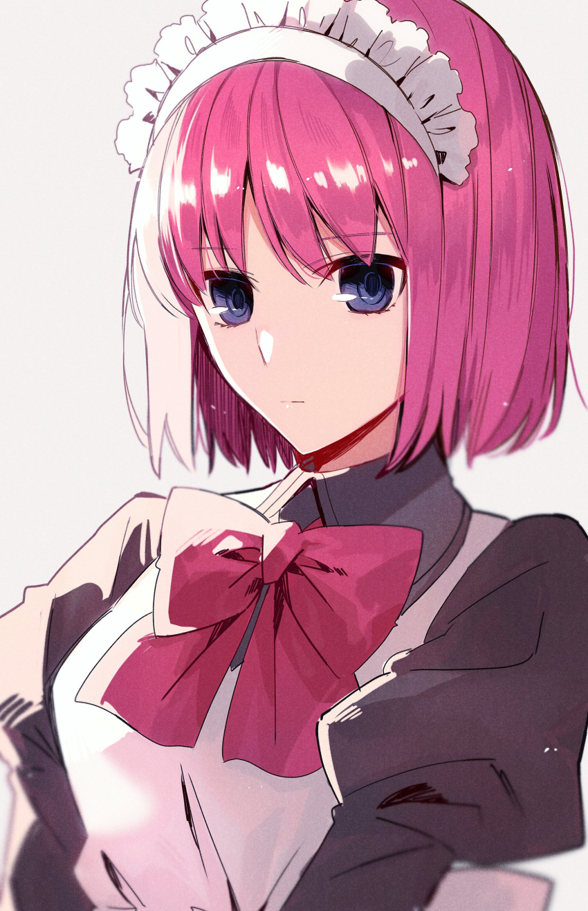 0wsaa0 1girl absurdres apron bangs black_shirt blue_eyes bow bowtie closed_mouth collared_shirt eyebrows_visible_through_hair grey_background highres hisui_(tsukihime) maid maid_headdress pink_hair red_bow red_neckwear shiny shiny_hair shirt short_hair solo tsukihime upper_body white_apron wing_collar