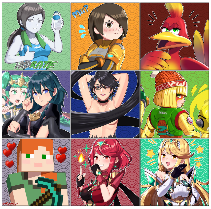 6+girls absurdres alex_(minecraft) arms_(game) banjo-kazooie bayonetta bayonetta_(character) bayonetta_2 beak beanie blue_eyes bottle breasts byleth_(fire_emblem) byleth_eisner_(female) fingerless_gloves fire fire_emblem fire_emblem:_three_houses flame glasses gloves green_eyes green_hair hat heart highres index_finger_raised kazooie_(banjo-kazooie) long_hair mask mii_(nintendo) mii_gunner min_min_(arms) minecraft multiple_girls mythra_(xenoblade) nude ojou-sama_pose orange_hair pale_skin pixel_heart pixelated polygonal ponytail pyra_(xenoblade) red_eyes sarukaiwolf short_hair sothis_(fire_emblem) super_smash_bros. tiara water_bottle wii_fit wii_fit_trainer xenoblade_chronicles_(series) xenoblade_chronicles_2 yellow_eyes