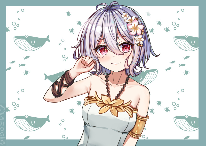 1girl absurdres ahoge arm_up armlet bangs blue_hair breasts collar collarbone eyebrows_visible_through_hair hair_between_eyes hair_ornament highres kokkoro_(princess_connect!) looking_at_viewer moegala princess_connect! princess_connect!_re:dive red_eyes smile solo swimsuit swimwear