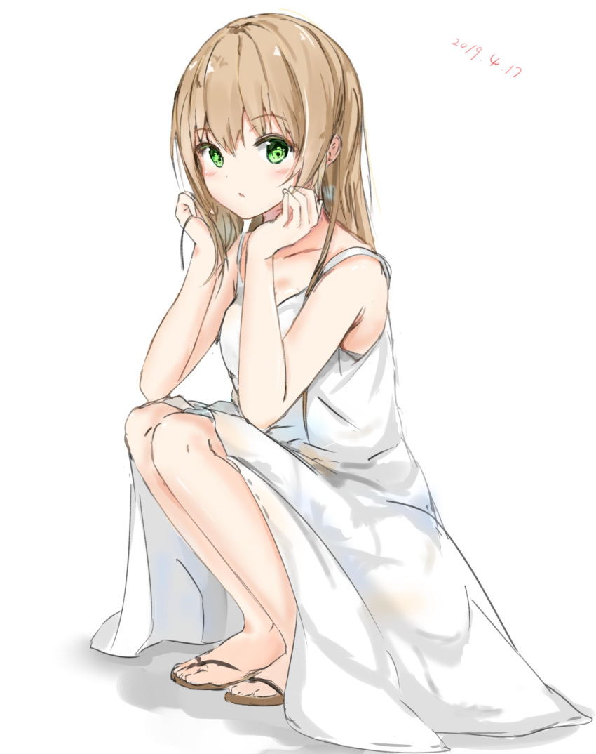 1girl absurdres bangs bare_arms bare_shoulders blush brown_hair collarbone dated dress elbows_on_knees eyebrows_visible_through_hair full_body green_eyes hair_between_eyes hand_in_hair hand_on_own_cheek hand_on_own_face hands_up highres long_hair looking_at_viewer na_kyo original parted_lips sandals sleeveless sleeveless_dress solo squatting white_background white_dress