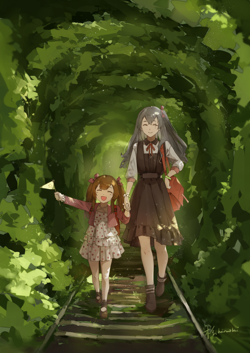 2girls artist_name bag bow brown_dress brown_footwear brown_hair closed_eyes closed_mouth dress forest girls_frontline grey_hair hair_bow hei_chuan_gui highres holding jacket long_hair multiple_girls nature neck_ribbon open_mouth pink_bow pink_jacket red_bag red_ribbon ribbon running scar scar_across_eye shirt shoes smile twintails ump45_(girls_frontline) ump9_(girls_frontline) white_shirt