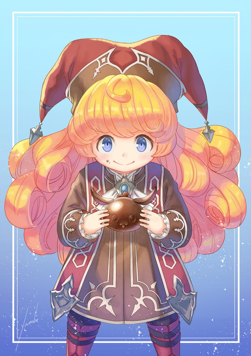 1girl anbe_yoshirou bangs blonde_hair blue_background blue_eyes boots border charlotte_(seiken_densetsu_3) chocolate chocolate_on_face closed_mouth commentary_request cowboy_shot disconnected_mouth food food_on_face gradient gradient_background hat highres holding holding_chocolate holding_food jester_cap light_blush long_hair long_sleeves looking_at_viewer outside_border red_footwear red_headwear seiken_densetsu seiken_densetsu_3 signature solo standing tabard valentine very_long_hair