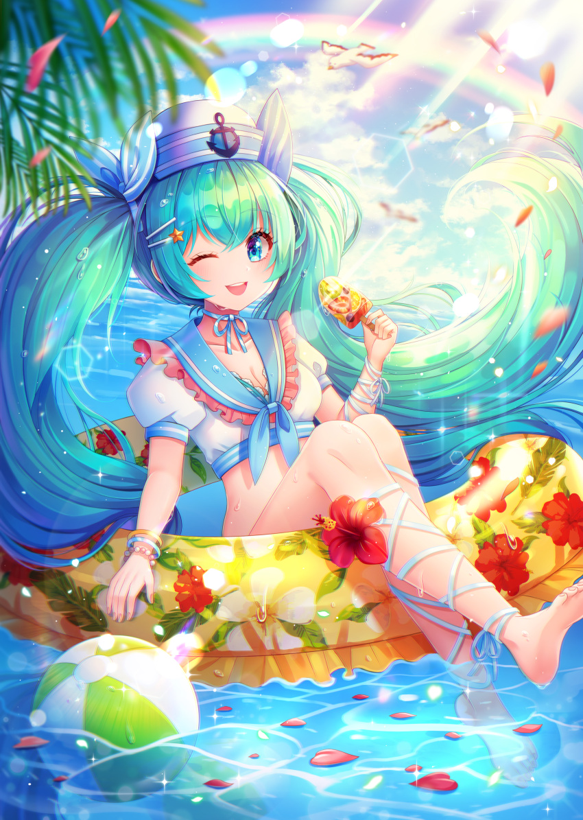 1girl ;d absurdres afloat aqua_hair arm_ribbon ball bangs barefoot beachball bead_bracelet beads bikini bird blue_eyes blue_ribbon blue_sailor_collar blush bracelet breasts choker clouds eyebrows_visible_through_hair food frilled_sailor_collar frills hair_ribbon hat hatsune_miku hayun highres holding holding_food huge_filesize innertube jewelry leg_ribbon long_hair looking_at_viewer ocean one_eye_closed open_mouth popsicle rainbow ribbon ribbon_choker sailor_bikini sailor_collar sailor_hat seagull small_breasts smile solo swimsuit teeth twintails two-tone_ribbon upper_teeth very_long_hair vocaloid white_bikini white_ribbon wristband