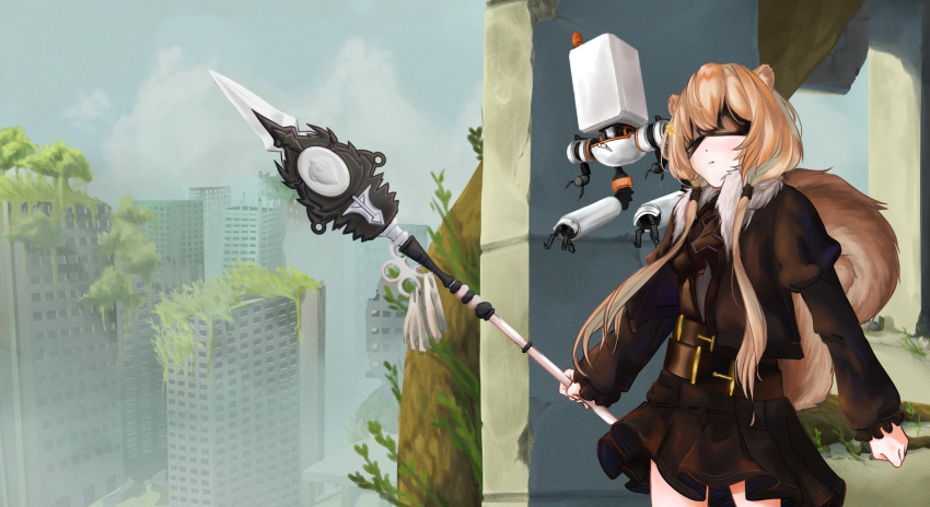 1girl animal_ear_fluff animal_ears ayunda_risu bangs black_jacket black_skirt blindfold blush breasts building english_commentary highres holding holding_lance holding_polearm holding_weapon hololive hololive_indonesia jacket lance looking_up neriko polearm robot ruins scenery skirt small_breasts solo squirrel_ears squirrel_girl twintails virtual_youtuber weapon