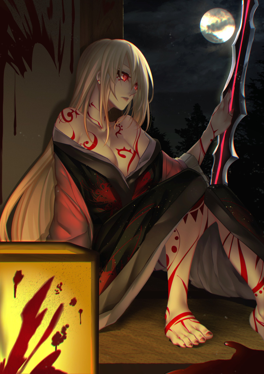 1girl absurdres bare_shoulders barefoot black_kimono blood blood_splatter breasts colored_skin feet full_body_tattoo full_moon hair_between_eyes highres japanese_clothes kimono lantern large_breasts long_hair moon night off_shoulder original outdoors pale_skin paper_lantern parted_lips red_eyes red_nails shukusuri sitting solo tattoo toenails toes vampire very_long_hair weapon white_hair white_skin