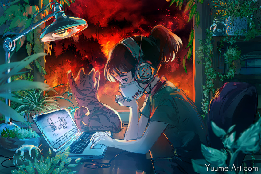 1girl animal artist_name california cat chair chilledcow_stream_girl commentary computer english_text fire forest from_side green_shirt headphones highres lamp laptop lofi_hip_hop_radio_-_beats_to_relax/study_to looking_down mask mouth_mask nature plant ponytail shirt short_ponytail short_sleeves sitting sketch tree watermark web_address wenqing_yan wildfire
