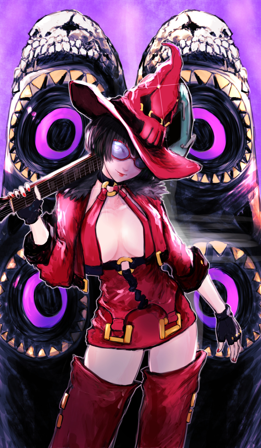 1girl absurdres bespectacled black_gloves black_hair black_nails bob_cut boots breast_curtains breasts choker commentary_request dress electric_guitar fingerless_gloves glasses gloves guilty_gear guilty_gear_xrd guitar head_tilt highres holding holding_instrument i-no instrument large_breasts lipstick living_clothes makeup nail_polish no_bra o-ring o-ring_choker o-ring_dress red-framed_eyewear red_dress red_footwear red_headwear red_lips red_nails short_hair solo speaker standing thigh-highs thigh_boots yuu_(primenumber7) zettai_ryouiki