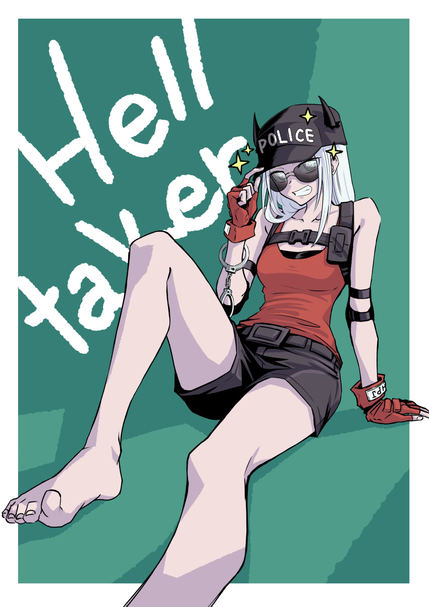 1girl absurdres arm_support bare_shoulders barefoot black_headwear black_horns black_shorts blind border bracelet breasts collarbone commentary_request cuffs fingerless_gloves foot_out_of_frame gloves green_background grin hand_up handcuffs hat helltaker highres horns horns_through_headwear jewelry justice_(helltaker) kyohei_inoue looking_at_viewer medium_breasts official_alternate_costume outside_border police_hat red_gloves red_tank_top short_shorts shorts sitting smile solo sunglasses tank_top two-tone_background watch watch white_border white_hair