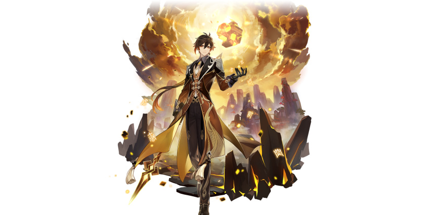 1boy artist_request bangs black_gloves black_hair brown_hair closed_mouth clouds cloudy_sky collared_shirt earrings eyeliner formal genshin_impact gloves gradient_hair hair_between_eyes highres holding holding_spear holding_weapon jacket jewelry light long_hair long_pants long_sleeves looking_at_viewer makeup male_focus meteor mountain mountainous_horizon multicolored_hair necktie official_art pants polearm ponytail rock shirt shoes single_earring sky solo spear suit tassel tassel_earrings transparent_background tree weapon yellow_eyes zhongli_(genshin_impact)