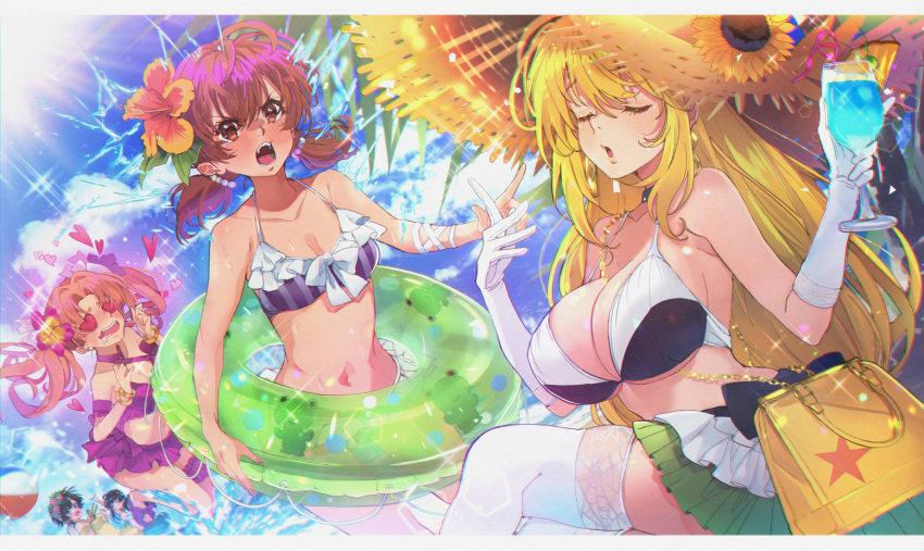 5girls bag ball beach beachball between_breasts bikini bikini_skirt biribiri black_hair blonde_hair bow bracelet breasts brown_eyes brown_hair closed_eyes clouds collarbone crazy_straw drink drinking_straw earrings electricity flower gekota gloves hair_flower hair_ornament handbag hat heart heart_eyes highres innertube jewelry kagura_kurosaki large_breasts leaf leg_garter long_hair low_twintails misaka_mikoto multiple_girls navel ocean open_mouth outdoors pineapple_slice pointing_at_another purple_bikini saten_ruiko shirai_kuroko shokuhou_misaki short_hair splashing star_(symbol) strap_between_breasts sun_hat swimsuit thigh-highs toaru_kagaku_no_railgun toaru_majutsu_no_index twintails uiharu_kazari water white_gloves white_legwear