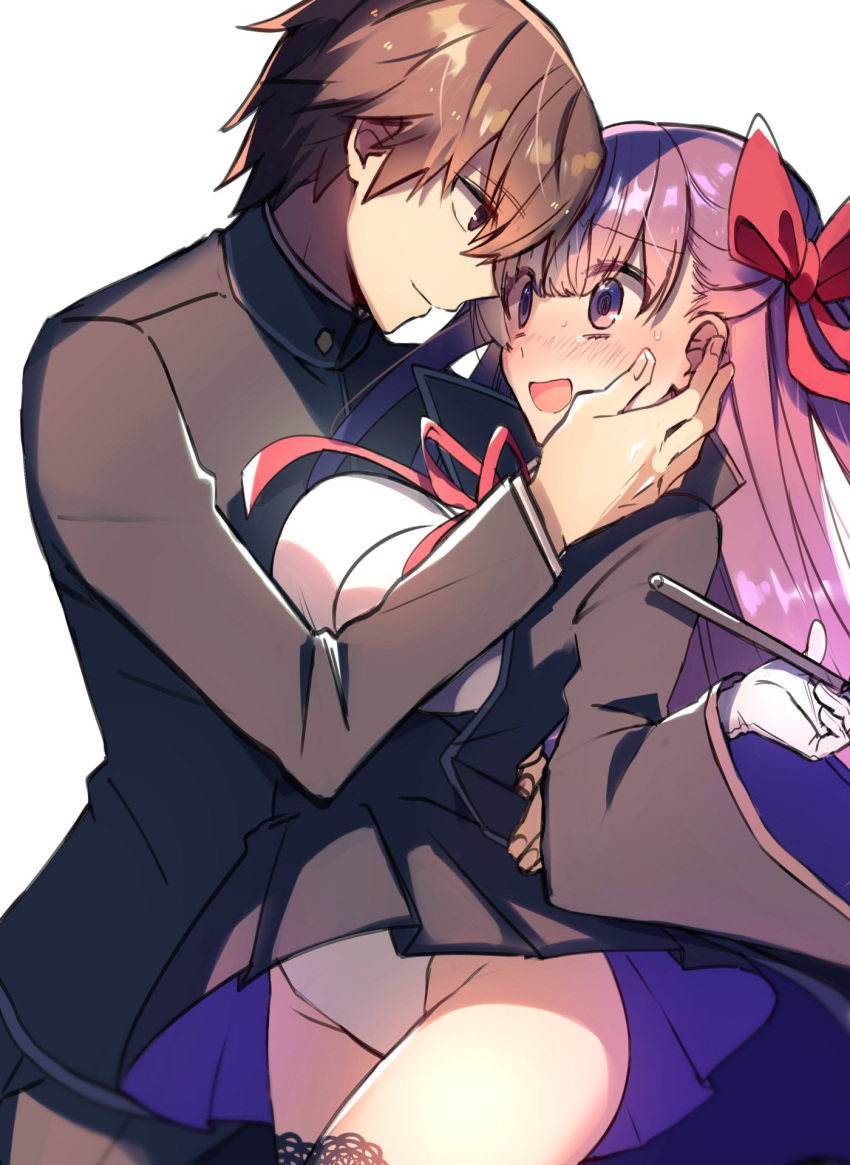 0wsaa0 1boy 1girl :d bb_(fate) bb_(fate)_(all) black_jacket black_legwear blush bow brown_eyes brown_hair character_request closed_mouth couple cowboy_shot embarrassed eye_contact fate/extra fate_(series) gloves hair_bow hetero highres jacket leotard long_hair long_sleeves looking_at_another neck_ribbon open_mouth purple_hair red_bow red_ribbon ribbon shiny shiny_hair short_hair smile sweatdrop thigh-highs very_long_hair violet_eyes white_background white_gloves white_leotard