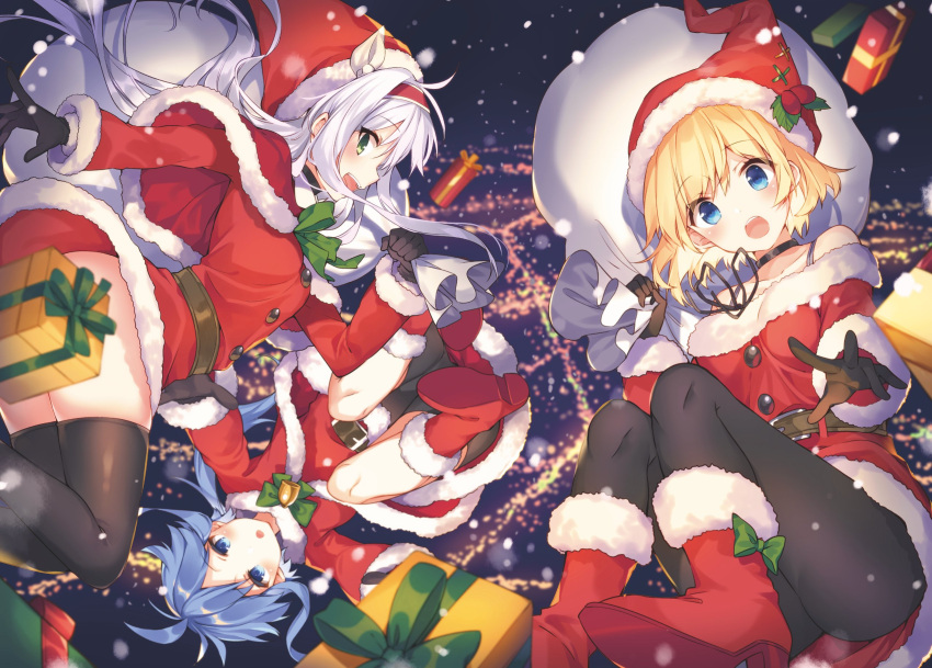 3girls :d ahoge ass bangs bare_shoulders bell belt belt_buckle bike_shorts black_choker black_gloves black_legwear blonde_hair blue_eyes blue_hair blurry blush bob_cut boots box breasts buckle capelet choker christmas collarbone convenient_censoring depth_of_field dress eyebrows_visible_through_hair floating floating_hair foreshortening fur-trimmed_boots fur-trimmed_capelet fur-trimmed_dress fur-trimmed_headwear fur-trimmed_sleeves fur_trim gift gift_box gloves green_eyes hairband hat highres holding holding_sack legs_up long_hair long_sleeves looking_at_viewer medium_breasts mishima_kurone multiple_girls night no_panties novel_illustration off-shoulder_dress off_shoulder official_alternate_costume official_art open_mouth outdoors outstretched_arm outstretched_arms pantyhose profile red_capelet red_dress red_footwear red_hairband red_headwear rokudenashi_majutsu_koushi_to_akashic_record rumia_tingel ryiel_rayford sack santa_costume santa_dress santa_hat shoe_soles short_dress short_hair sidelocks silver_hair sistine_fiber smile snowing textless thigh-highs upper_teeth upskirt
