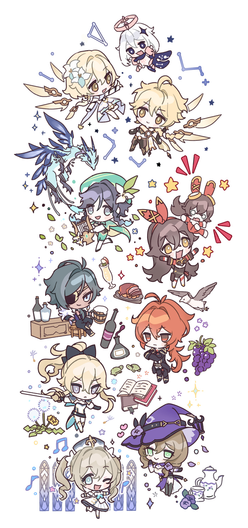 4boys 6+girls absurdres aether_(genshin_impact) amber_(genshin_impact) bangs barbara_(genshin_impact) baron_bunny_(genshin_impact) bird black_hair blonde_hair blue_hair book bow brown_hair chibi closed_mouth cup dandelion dark_skin dark_skinned_male diluc_(genshin_impact) dvalin_(genshin_impact) eyepatch flower food fruit genshin_impact grapes hair_between_eyes hair_bow halo hat highres holding holding_sword holding_weapon honeymilk0252 instrument jacket jean_gunnhildr_(genshin_impact) kaeya_(genshin_impact) lisa_(genshin_impact) long_hair lumine_(genshin_impact) lyre multiple_boys multiple_girls musical_note one_eye_closed open_mouth paimon_(genshin_impact) pants ponytail redhead scarf short_hair_with_long_locks simple_background star sword teacup teapot venti_(genshin_impact) weapon white_background white_flower white_hair wings witch_hat