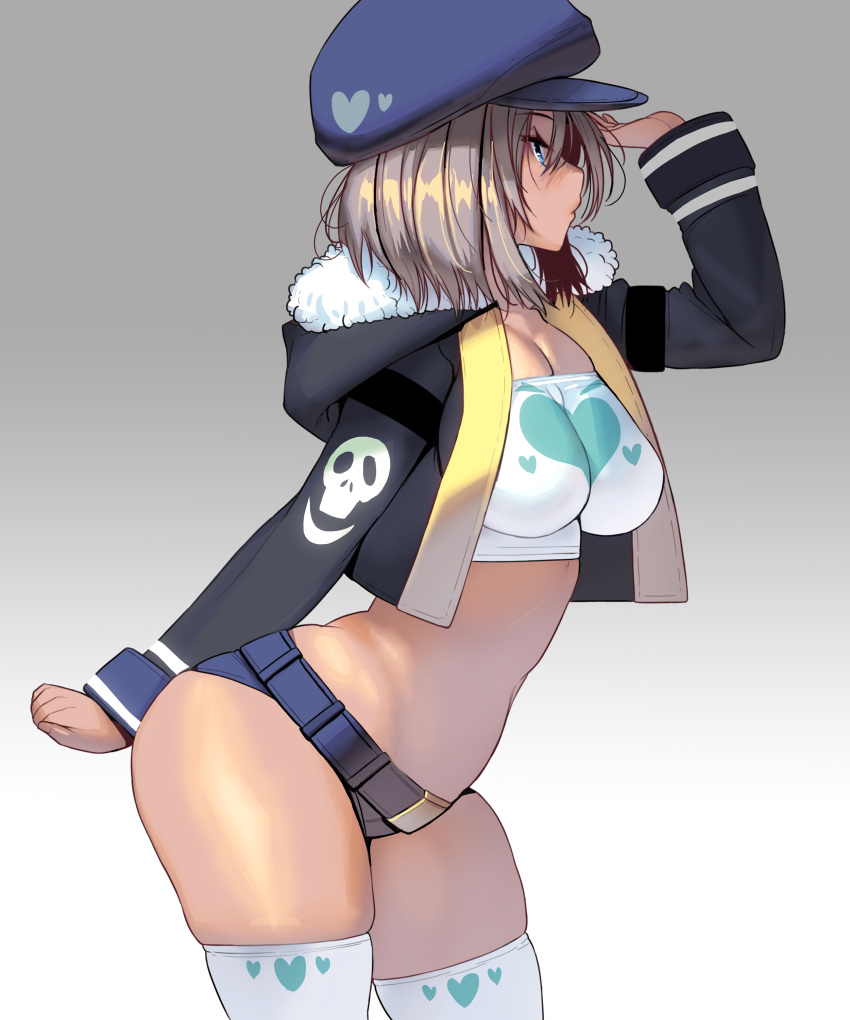 1girl absurdres bandeau bangs blue_eyes breasts cabbie_hat cowboy_shot cropped_jacket grey_background hat highres hood hood_down hooded_jacket jacket light_brown_hair masao medium_breasts micro_shorts open_clothes open_jacket original profile short_hair short_shorts shorts solo thigh-highs white_legwear