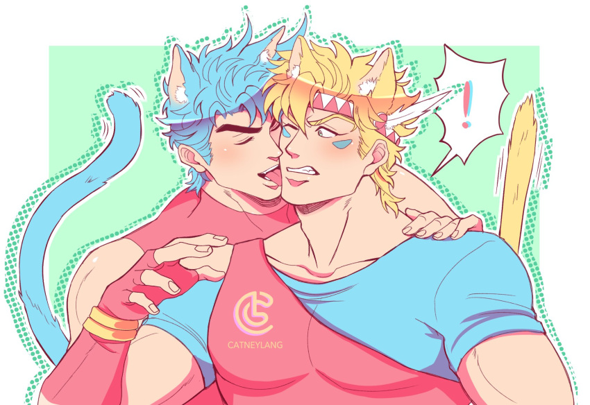! 2boys animal_ears artist_name bare_shoulders battle_tendency blonde_hair blue_hair blue_shirt caesar_anthonio_zeppeli cat_boy cat_day cat_ears cat_tail catneylang clenched_teeth closed_eyes collarbone commentary english_commentary extra_ears face_licking facial_mark fang feathers fingerless_gloves gloves green_eyes hair_feathers hand_on_another's_shoulder hand_up headband highres jojo_no_kimyou_na_bouken joseph_joestar_(young) kemonomimi_mode licking looking_at_another male_focus motion_lines multiple_boys one_eye_closed outline red_gloves screentones shirt short_hair short_sleeves single_strap sleeveless spoken_exclamation_mark surprised symbol_commentary t-shirt tail teeth triangle_print watermark white_outline