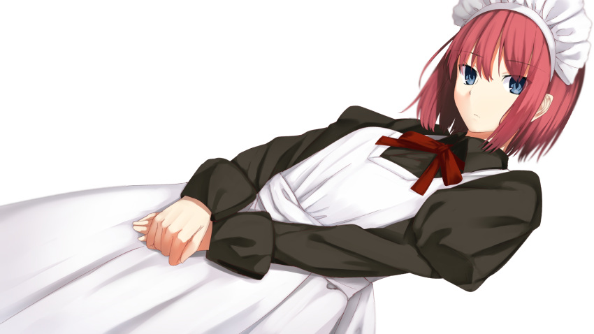 1girl apron bangs black_dress blue_eyes dress dutch_angle expressionless eyebrows_visible_through_hair head_tilt highres hisui_(tsukihime) juliet_sleeves long_sleeves looking_at_viewer maid maid_headdress neck_ribbon own_hands_together pink_hair puffy_sleeves ribbon sebire short_hair sidelocks simple_background solo standing tsukihime v_arms wallpaper