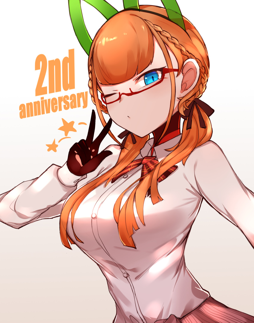 absurdres andou_inari anniversary blue_eyes bow braid breasts choumi_wuti_(xueye_fanmang_zhong) dual_wielding fox_girl glasses highres holding joints large_breasts long_hair nijisanji orange_hair paws robot_ears robot_joints star twintails uniform v virtual_youtuber virtuareal white_background