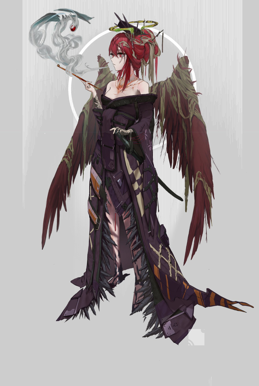 1girl bandaged_arm bandaged_hand bandages bare_shoulders commentary creature feathered_wings feathers full_body hair_ornament halo highres holding holding_pipe japanese_clothes long_sleeves off_shoulder original pipe red_eyes red_wings redhead sheath sheathed smoke smoking sword toriseka torn_wings weapon wide_sleeves wings