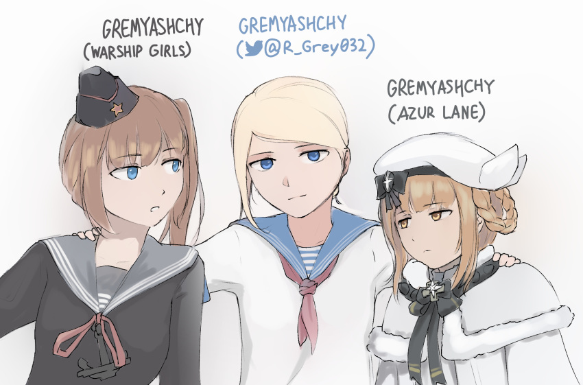 3girls azur_lane blonde_hair blue_eyes braid brown_eyes brown_hair character_name copyright_name eyebrows_visible_through_hair garrison_cap gremyashchy_(azur_lane) gremyashchy_(ryan_greythorn) gremyashchy_(warship_girls_r) hand_on_another's_shoulder hat highres looking_at_another looking_at_viewer multiple_girls namesake original ryan_greythorn sailor_collar school_uniform side_ponytail twitter_username upper_body warship_girls_r world_of_warships