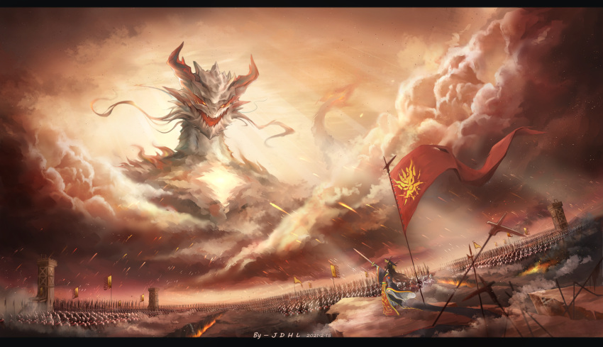 1girl absurdres arknights brown_hair chinese_clothes clouds dragon dragon_horns flag flag_print highres holding holding_sword holding_weapon horns jueduihuoli long_hair long_sleeves monster multiple_boys nian_(arknights) pointing sharp_teeth sword teeth weapon