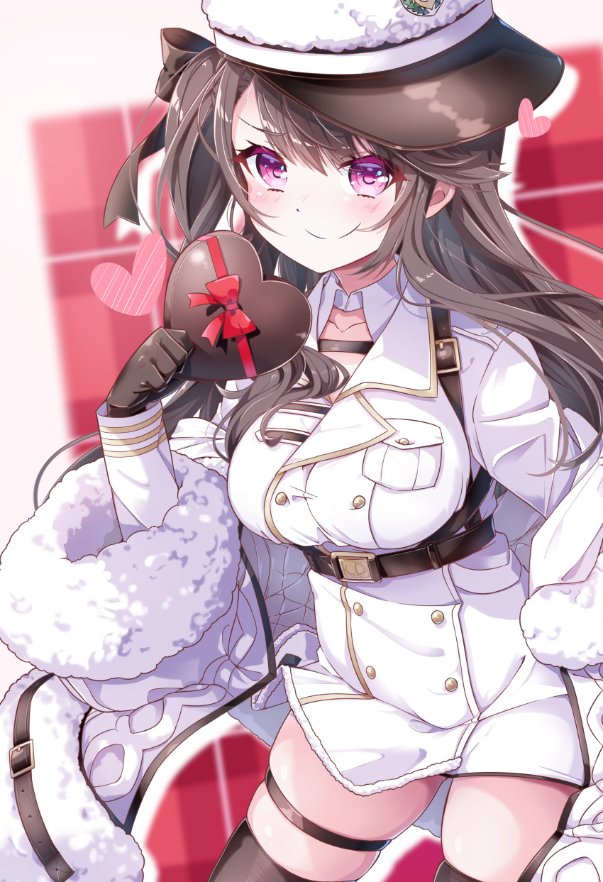 1girl absurdres azur_lane bangs bare_shoulders black_gloves black_hair black_legwear blush breasts coat commentary_request fur_trim gloves hat highres leer.meer long_hair long_sleeves looking_at_viewer pamiat_merkuria_(azur_lane) smile solo thigh-highs valentine violet_eyes white_headwear