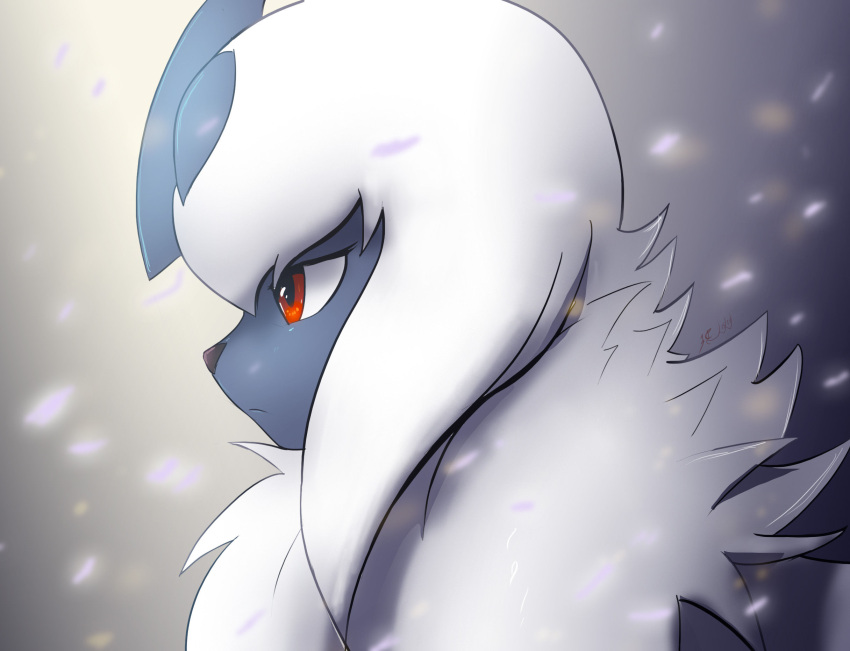 absol animal_focus artist_name bangs blurry closed_mouth commentary dated english_commentary eryz fluffy from_side gen_3_pokemon gradient gradient_background grey_background highres jpeg_artifacts no_humans petals pokemon pokemon_(creature) profile short_hair sideways_mouth signature simple_background solo upper_body white_hair