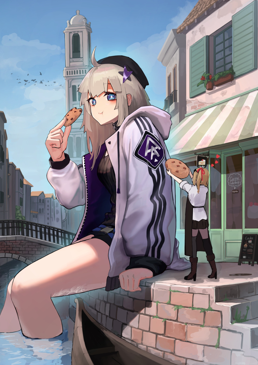 2girls aa-12_(girls_frontline) absurdres ahoge baggy_clothes bags_under_eyes bangs black_headwear black_legwear black_skirt blue_sky boat boots bridge brown_footwear canal chocolate_chip_cookie cookie eating eyewear_on_head food giant giantess girls_frontline gondola hair_ornament hanabusaraleigh hat heart highres holding holding_food hood hooded_jacket jacket kalina_(girls_frontline) knee_boots long_sleeves medium_hair multiple_girls open_clothes open_jacket orange_hair outdoors pleated_skirt shirt side_ponytail sitting skirt sky sleeves_rolled_up star_(symbol) star_hair_ornament sunglasses thigh-highs town water watercraft white_jacket white_shirt