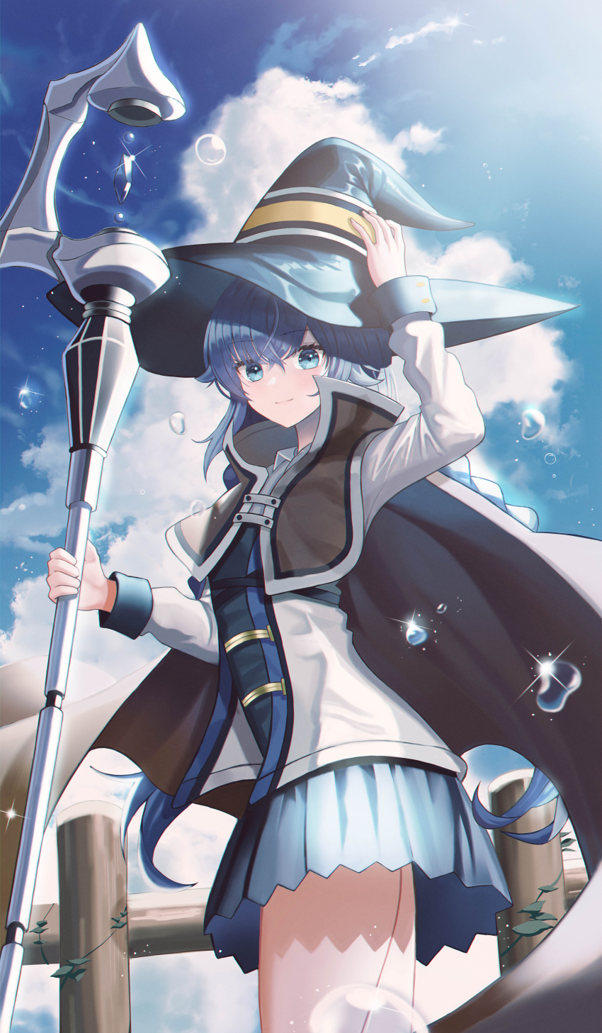 1girl absurdres adjusting_clothes adjusting_headwear blue_eyes blue_hair blue_headwear blue_skirt day eyebrows_visible_through_hair fence hat highres holding holding_staff long_hair looking_at_viewer mushoku_tensei outdoors poise roxy_migurdia skirt solo staff very_long_hair witch_hat