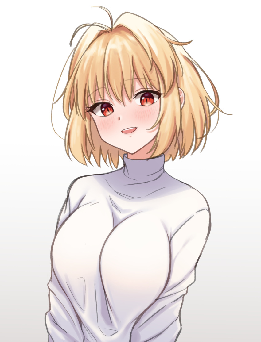 1girl ahoge arcueid_brunestud arms_at_sides between_breasts blonde_hair blush bob_cut breasts clothes_between_breasts erenav eyebrows_visible_through_hair gradient gradient_background hair_between_eyes hair_intakes head_tilt highres large_breasts long_sleeves looking_at_viewer loose_clothes loose_shirt medium_hair open_mouth red_eyes shirt sidelocks slit_pupils smile solo tsukihime turtleneck type-moon upper_body white_shirt