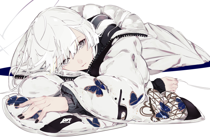 1girl animal_print black_nails butterfly_print closed_mouth eyebrows_visible_through_hair fingernails grey_eyes hair_between_eyes halo highres holding jacket long_hair long_sleeves looking_at_viewer maimuro original solo white_hair white_jacket white_theme wide_sleeves zipper