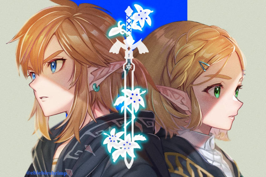 1boy 1girl bangs blonde_hair blue_eyes braid brown_hair commentary_request crown_braid earrings forehead glowing green_eyes hair_ornament hairclip jewelry link looking_away parted_bangs parted_lips pointy_ears princess_zelda short_hair shuri_(84k) the_legend_of_zelda the_legend_of_zelda:_breath_of_the_wild the_legend_of_zelda:_breath_of_the_wild_2 thick_eyebrows twitter_username two-tone_background upper_body v-shaped_eyebrows