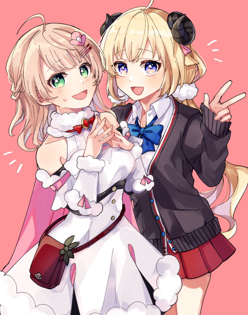 animal_ears blonde_hair bow bowtie breasts cosplay detached_sleeves dress fur-trimmed_dress fur-trimmed_sleeves fur_trim hair_ornament hairclip highres hololive horns indie_virtual_youtuber large_breasts long_hair low_twintails nitumaruta pink_background pleated_skirt ribbed_sleeves school_uniform serafuku sheep_ears sheep_girl sheep_horns shigure_ui_(vtuber) shigure_ui_(vtuber)_(cosplay) simple_background skirt sleeveless sleeveless_dress tsunomaki_watame tsunomaki_watame_(cosplay) twintails very_long_hair violet_eyes virtual_youtuber white_dress