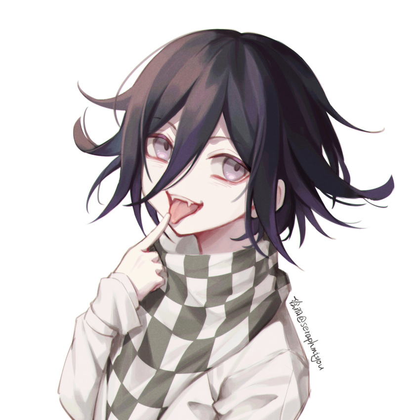 1boy artist_name bangs black_hair checkered checkered_scarf dangan_ronpa_(series) dangan_ronpa_v3:_killing_harmony ewa_(seraphhuiyu) eyebrows_visible_through_hair face fangs finger_to_mouth finger_to_tongue flipped_hair hair_between_eyes hand_up highres jacket long_sleeves looking_at_viewer male_focus open_mouth ouma_kokichi pink_eyes purple_hair scarf short_hair simple_background smile solo straitjacket symbol_commentary teeth tongue tongue_out upper_body violet_eyes white_background white_jacket