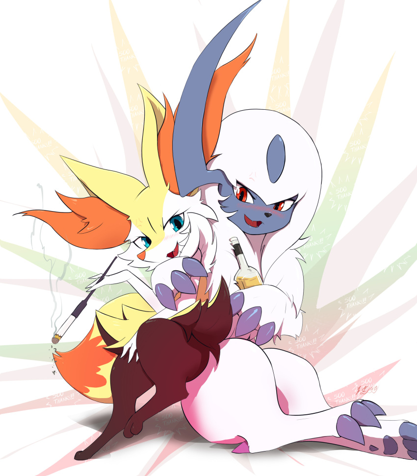 1girl :3 absol absurdres alcohol alternate_eye_color anger_vein animal_ear_fluff animal_ears animal_nose annoyed arm_around_shoulder artist_name bangs black_fur blue_eyes blush body_fur bottle braixen claws commentary dated drink drunk english_commentary english_text eryz fangs fox_ears fox_girl fox_tail full_body gen_3_pokemon gen_6_pokemon hand_up highres holding holding_bottle holding_pipe hug milestone_celebration nose_blush open_mouth pawpads paws pipe pokemon pokemon_(creature) red_eyes short_hair signature sitting sitting_on_lap sitting_on_person smile smoking snout tail textless tongue white_background white_fur white_hair yellow_fur
