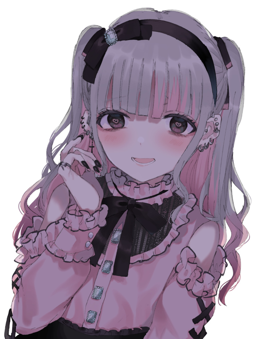 1girl :d bare_shoulders black_bow black_nails black_skirt bow clothing_cutout ear_piercing grey_eyes grey_hair hair_bow hand_up heart heart-shaped_pupils highres kayanogura long_hair long_sleeves looking_at_viewer multicolored_hair nail_polish open_mouth original piercing pink_hair pink_shirt puffy_long_sleeves puffy_sleeves shirt shoulder_cutout simple_background skirt sleeves_past_wrists smile solo symbol-shaped_pupils two-tone_hair two_side_up white_background