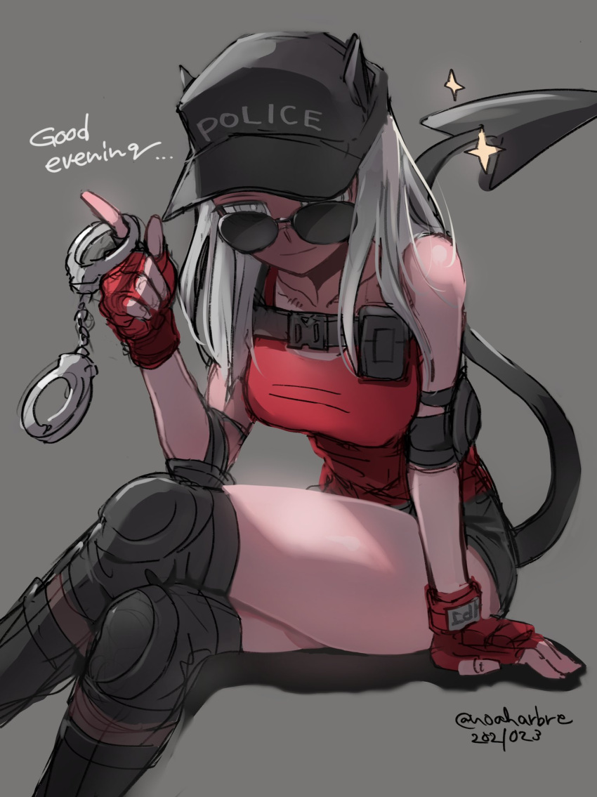 1girl arm_support black_headwear breasts clothes_writing collarbone crossed_legs cuffs dated demon_girl demon_tail fingerless_gloves gloves handcuffs hat helltaker highres justice_(helltaker) large_breasts long_hair looking_at_viewer noaharbre red_gloves sketch smile solo sunglasses symbol_commentary tail thighs twintails white_hair